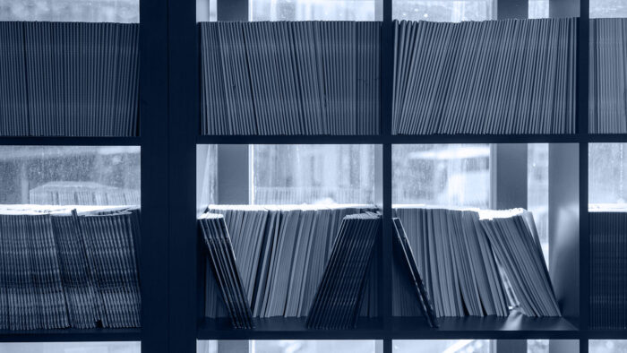 Lined up books on modern shelving unit.